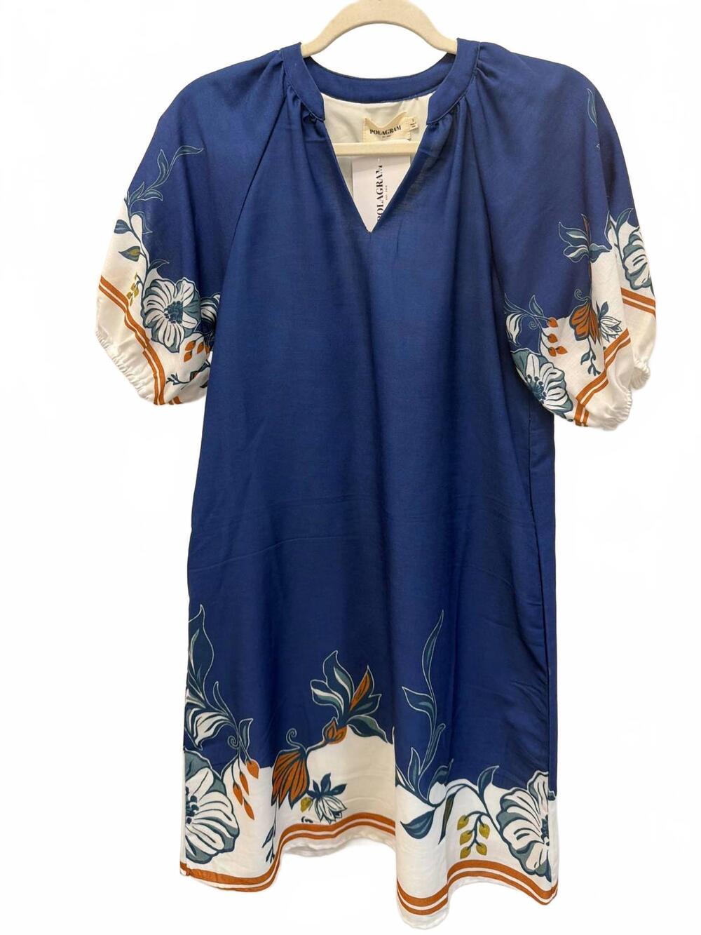 NEW POLAGRAM women's floral border print dress in blue
